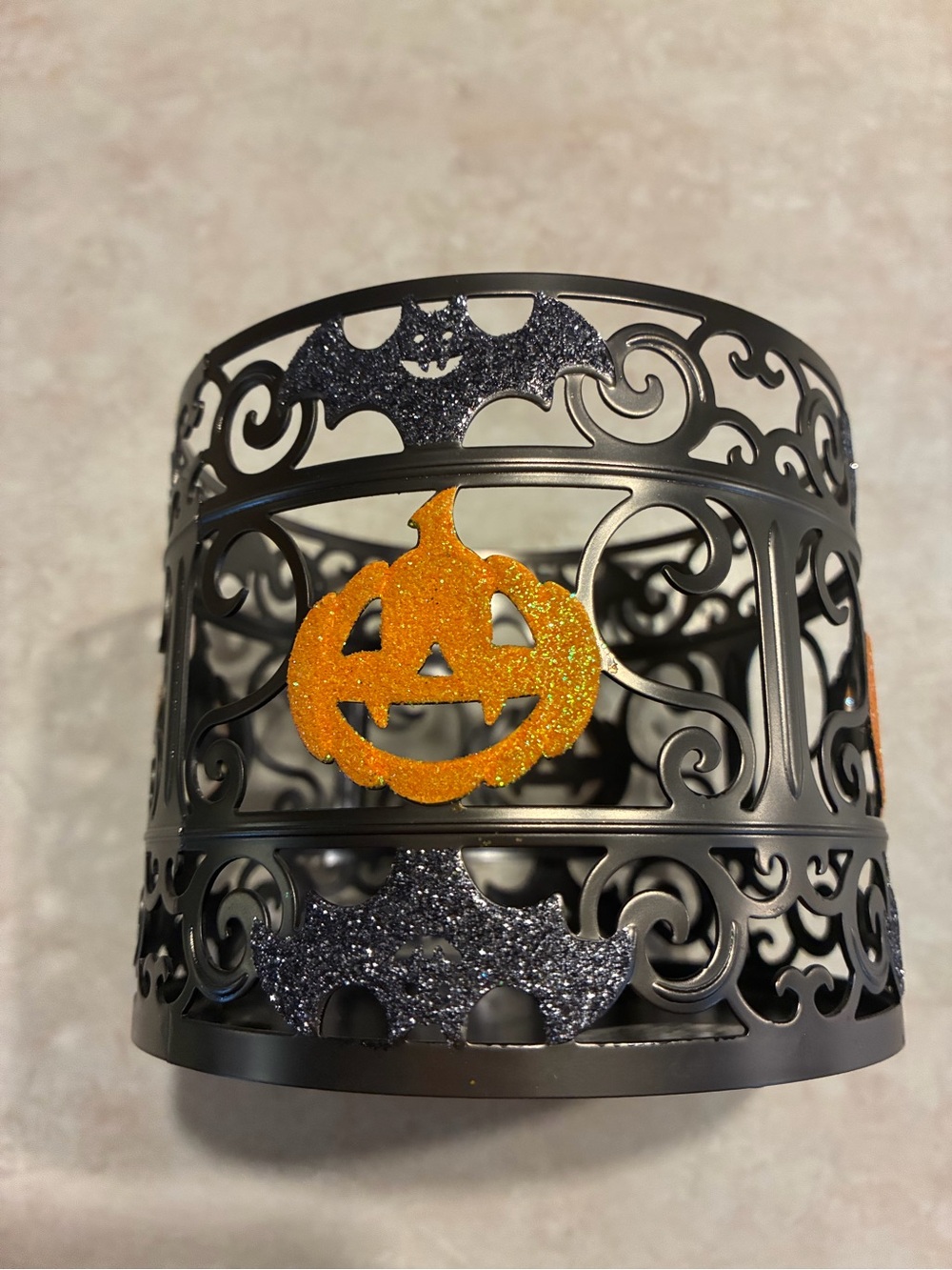 Bath & Body Works Halloween Black Metal Candle Holder with Orange Pumpkin Accent